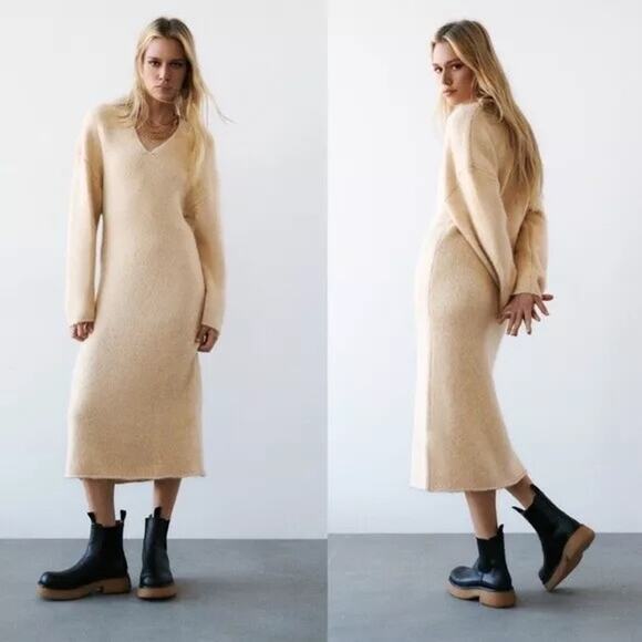 Zara Knit Alpaca Blend‎ Midi Dress in Sand Women’s Size Small - Picture 1 of 8